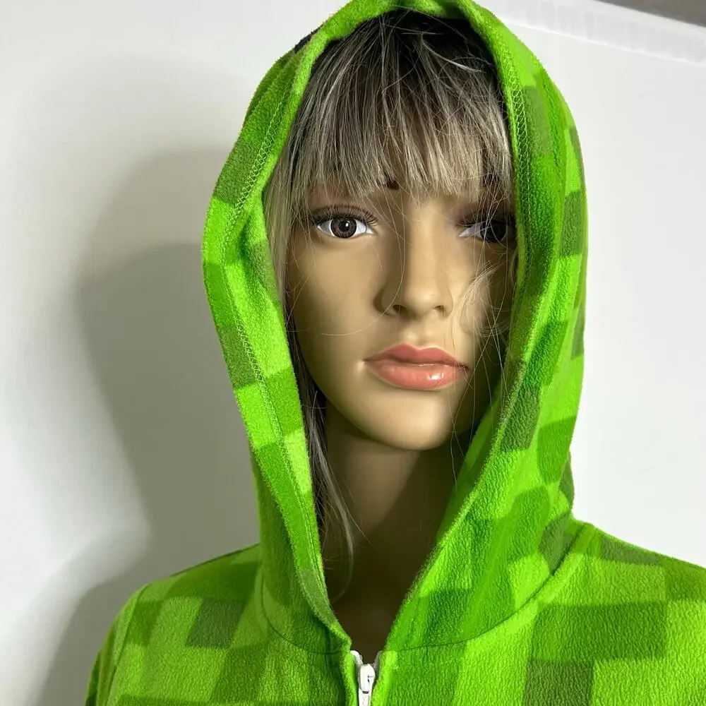 Minecraft Boys 10/12 Green Pixel Fleece Hooded One Piece Pajama Costume